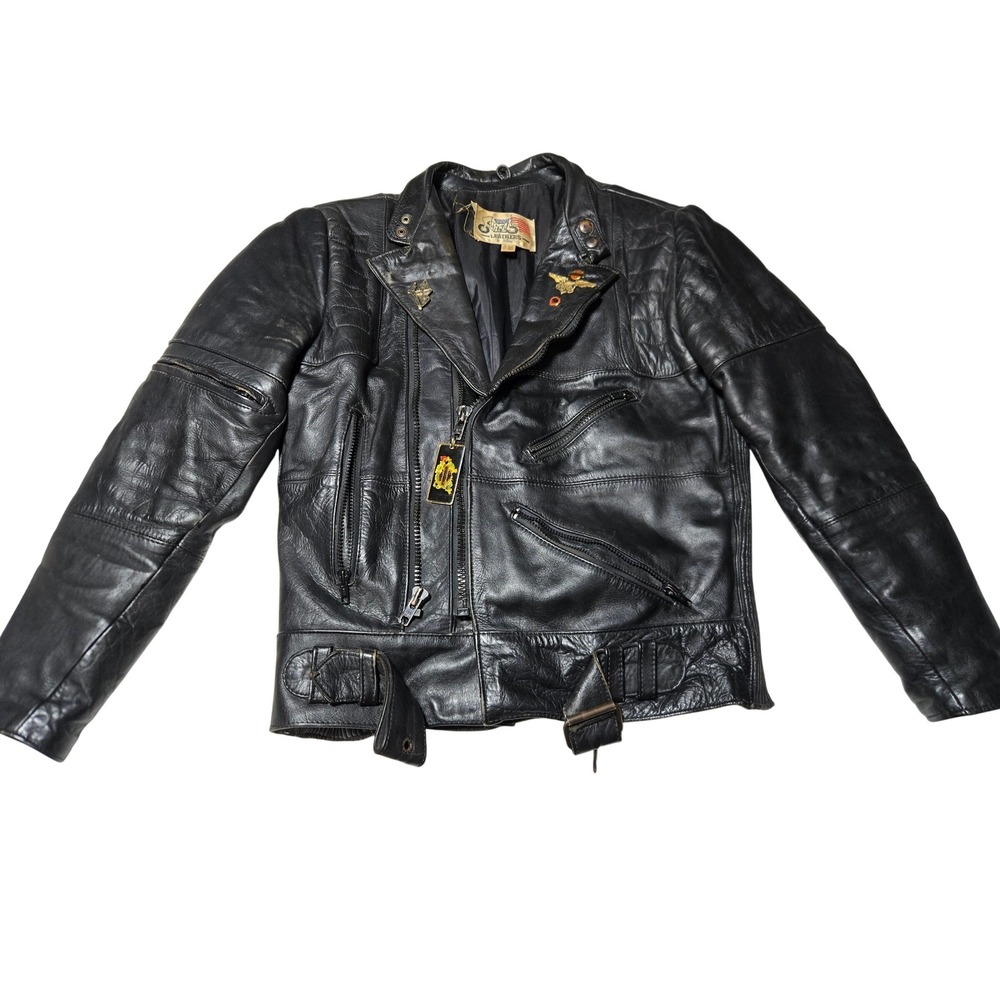 Vintage Furfa Leather Harley Motorcycle Jacket w Pins Biker Moto Size‎ 38